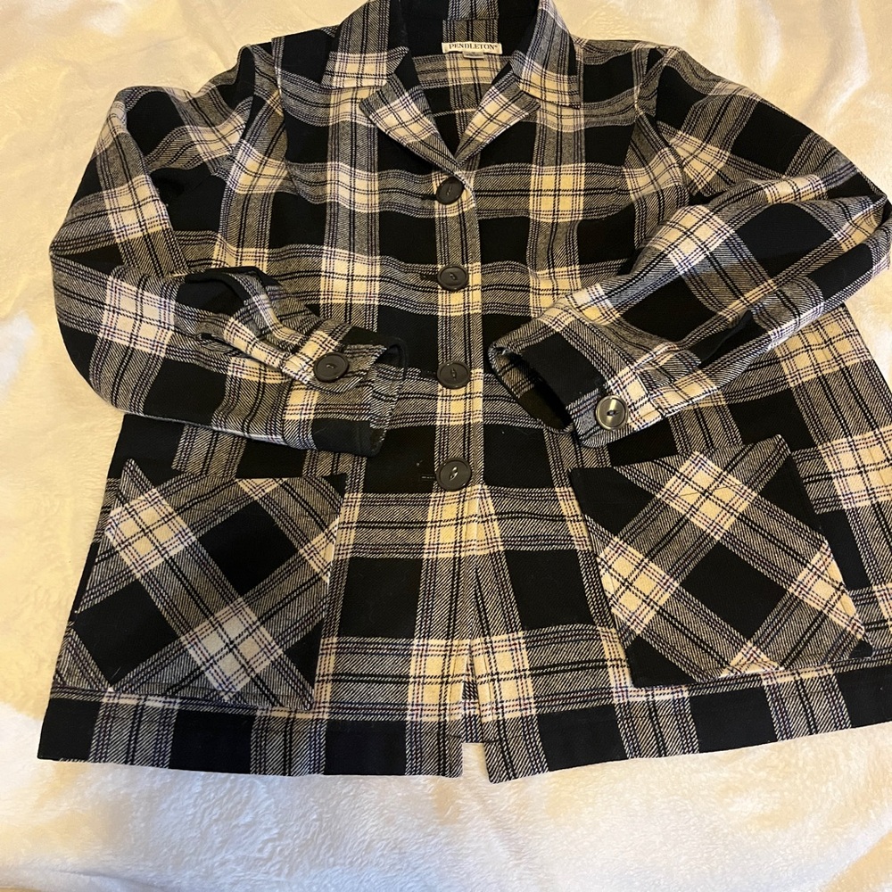 Pendleton Black and Cream Plaid Blazer 100% Virgin Wool Size M - Picture 4 of 10